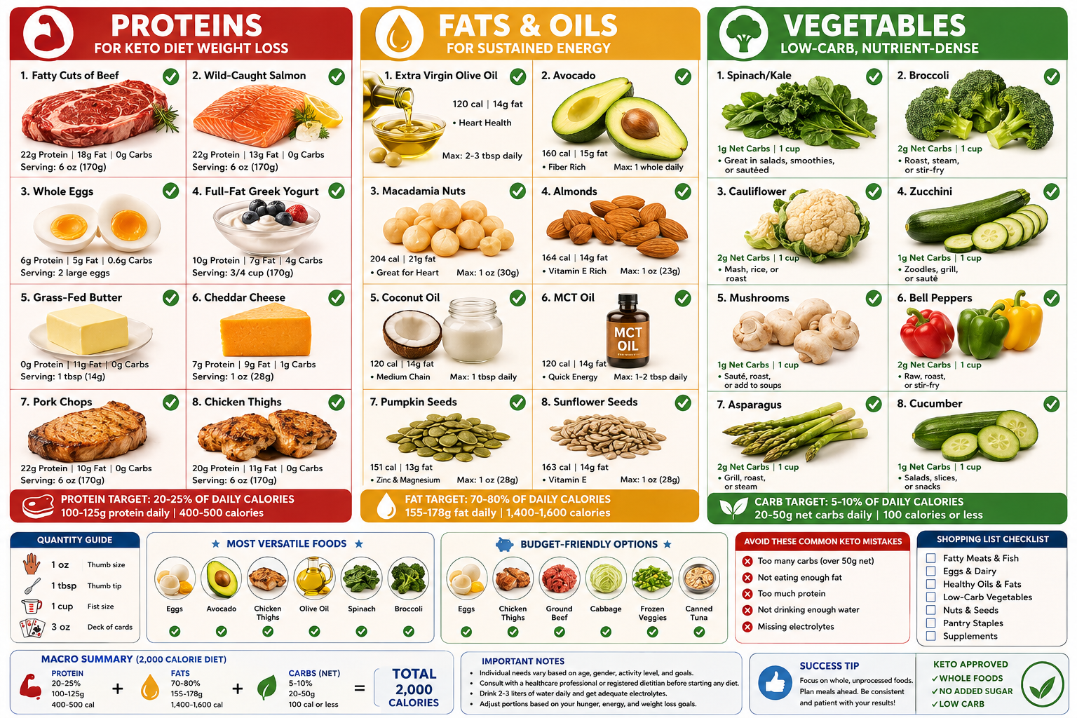 Comprehensive organized food guide for keto diet for weight loss displaying three categories: proteins (salmon, beef, eggs, cheese), healthy fats (avocado, olive oil, nuts, butter), and low-carb vegetables (spinach, broccoli, zucchini, asparagus) with portion sizes