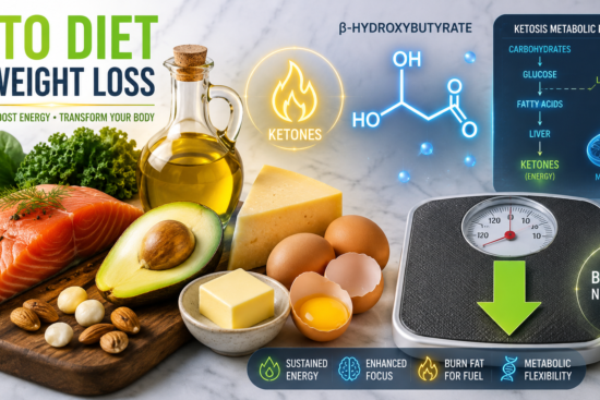 Healthy keto diet for weight loss foods including wild-caught salmon, ripe avocado, free-range eggs, extra virgin olive oil, and fresh leafy greens arranged on rustic wooden surface with scientific ketone molecule graphics, digital scale showing weight loss progress, and ketosis badge