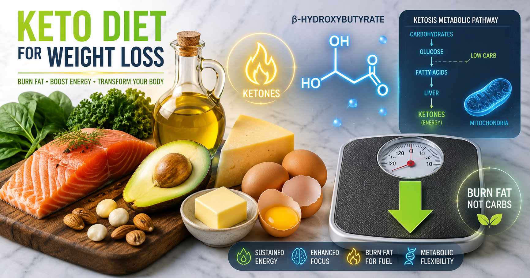 Healthy keto diet for weight loss foods including wild-caught salmon, ripe avocado, free-range eggs, extra virgin olive oil, and fresh leafy greens arranged on rustic wooden surface with scientific ketone molecule graphics, digital scale showing weight loss progress, and ketosis badge