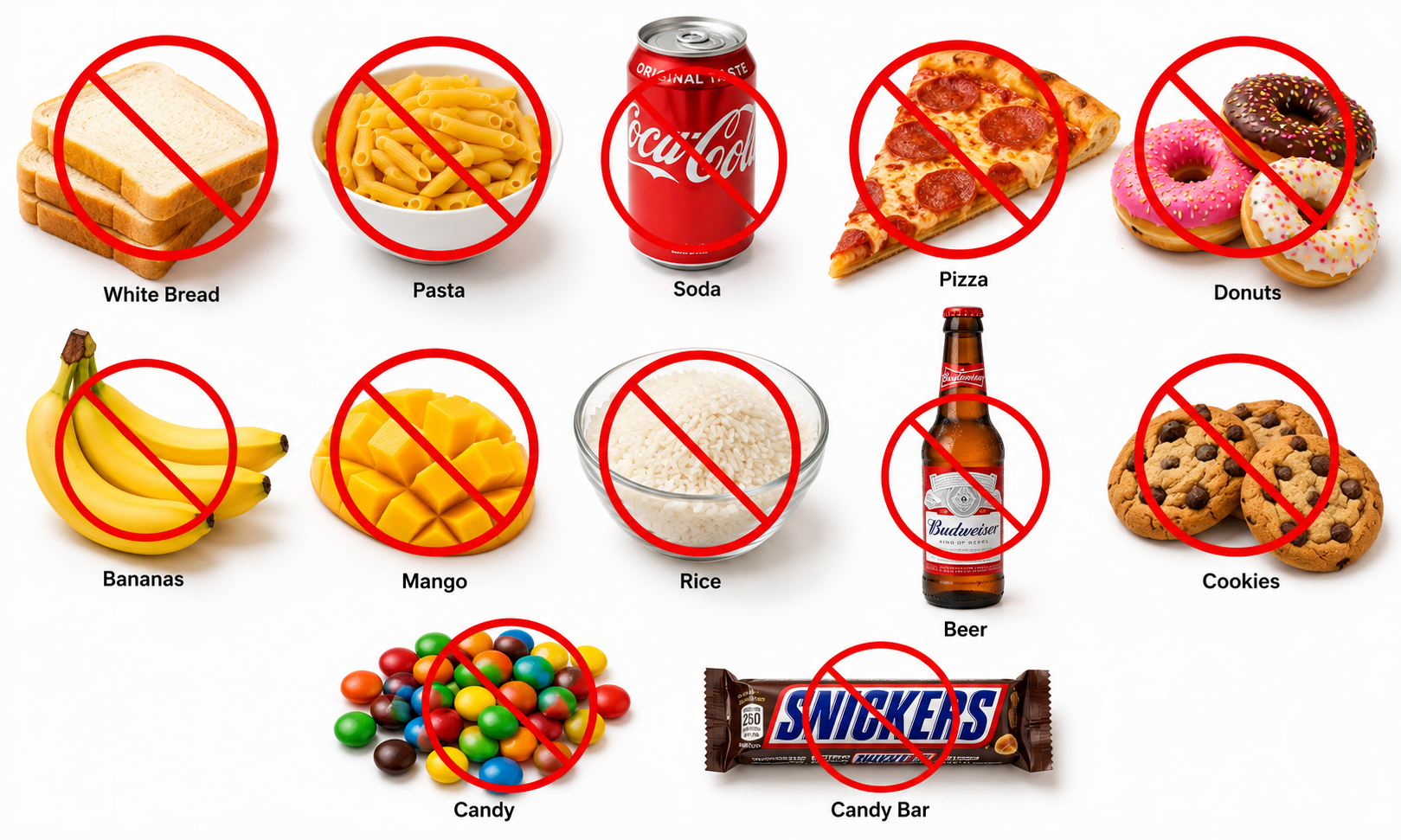 Collection of high-carb foods to avoid on low carb diet including: white bread loaf, pasta noodles, sugary soda bottle, candy, donuts, pizza slice, bananas, mangoes, rice bowl, beer, cookies, arranged on white background with red prohibition symbols
