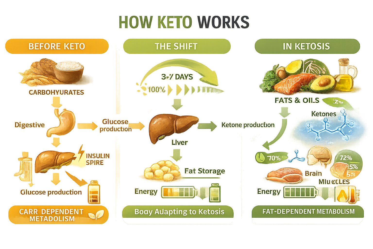 Infographic showing the metabolic shift in keto diet for weight loss, depicting transition from glucose metabolism to fat burning, including liver function, ketone body production, fatty acid oxidation cycle, and energy molecules