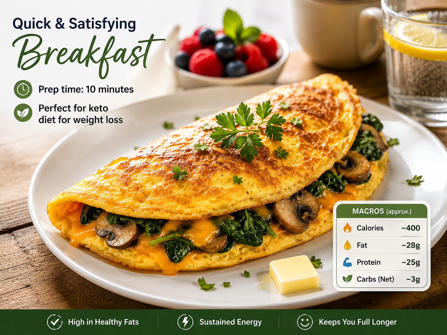 Overhead photograph of a delicious keto diet for weight loss breakfast featuring a three-egg omelet filled with full-fat cheddar cheese, fresh spinach, mushrooms, and cooked in butter, served on a ceramic plate with garnish