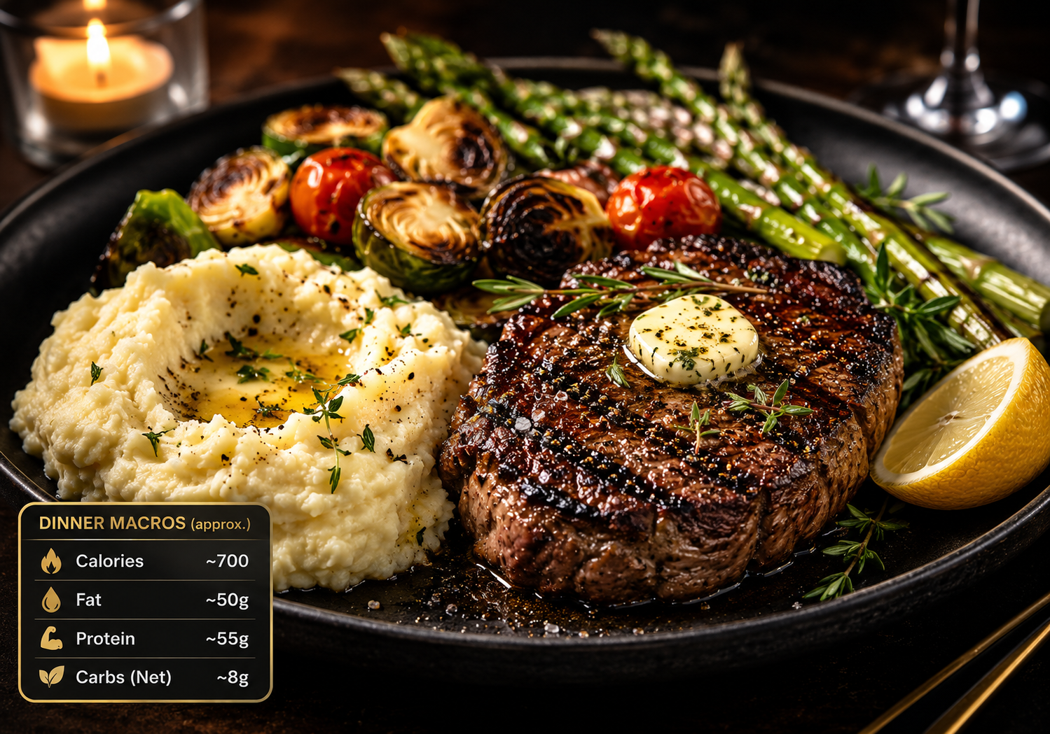 Appetizing photograph of keto diet for weight loss dinner featuring a perfectly cooked grass-fed beef steak, creamy cauliflower mash made with butter and heavy cream, roasted vegetables, and fresh herbs garnish