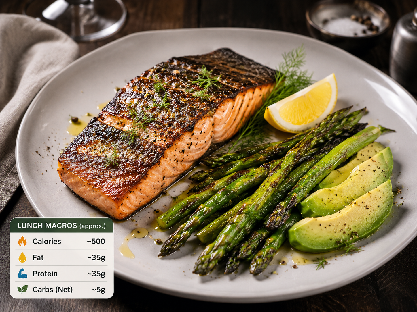 Restaurant-quality photograph of keto diet for weight loss lunch featuring grilled salmon fillet with crispy skin, roasted asparagus spears drizzled with olive oil, fresh avocado slices, and lemon wedge on white plate