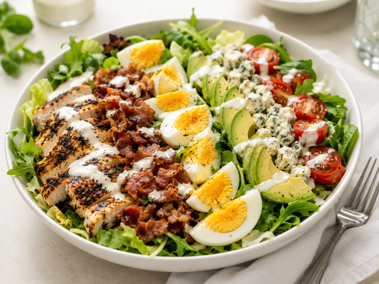 Cobb salad for low carb diet: mixed greens topped with blackened chicken breast, crispy bacon crumbles, hard-boiled egg, avocado slices, blue cheese crumbles, cherry tomatoes, ranch dressing, served in white bowl, lunch meal for weight loss