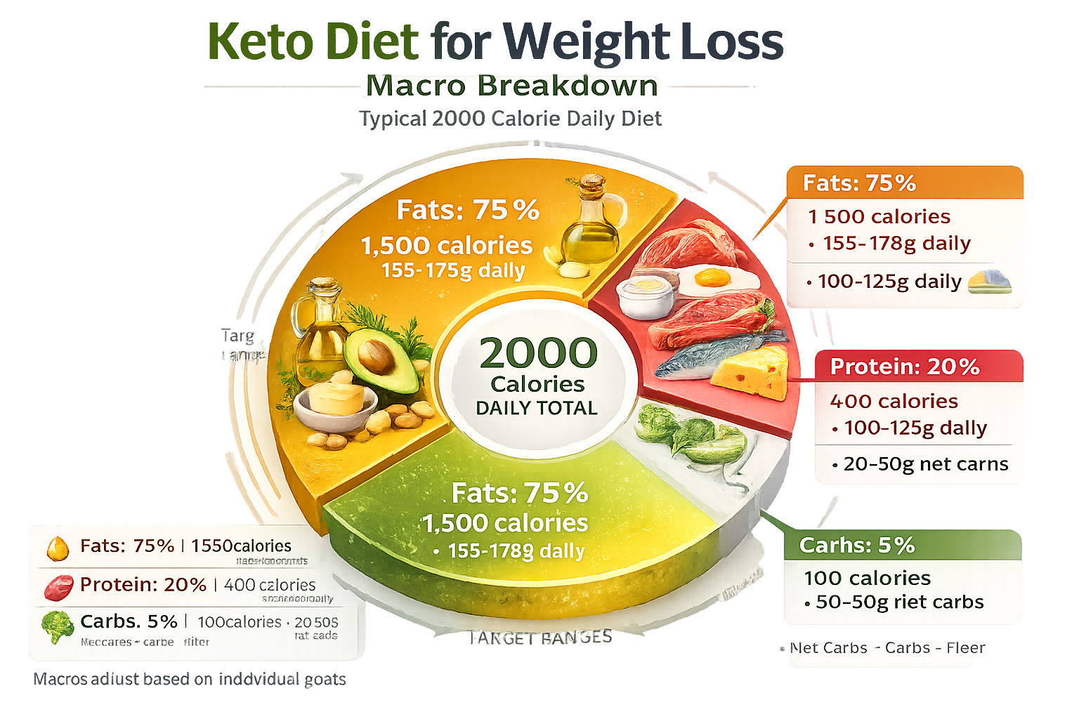 Pie chart showing ideal keto diet for weight loss macronutrient ratios: 75% healthy fats (olive oil, avocado, nuts), 20% protein (fish, meat, eggs), 5% carbohydrates (low-carb vegetables), with color-coded sections and daily calorie examples