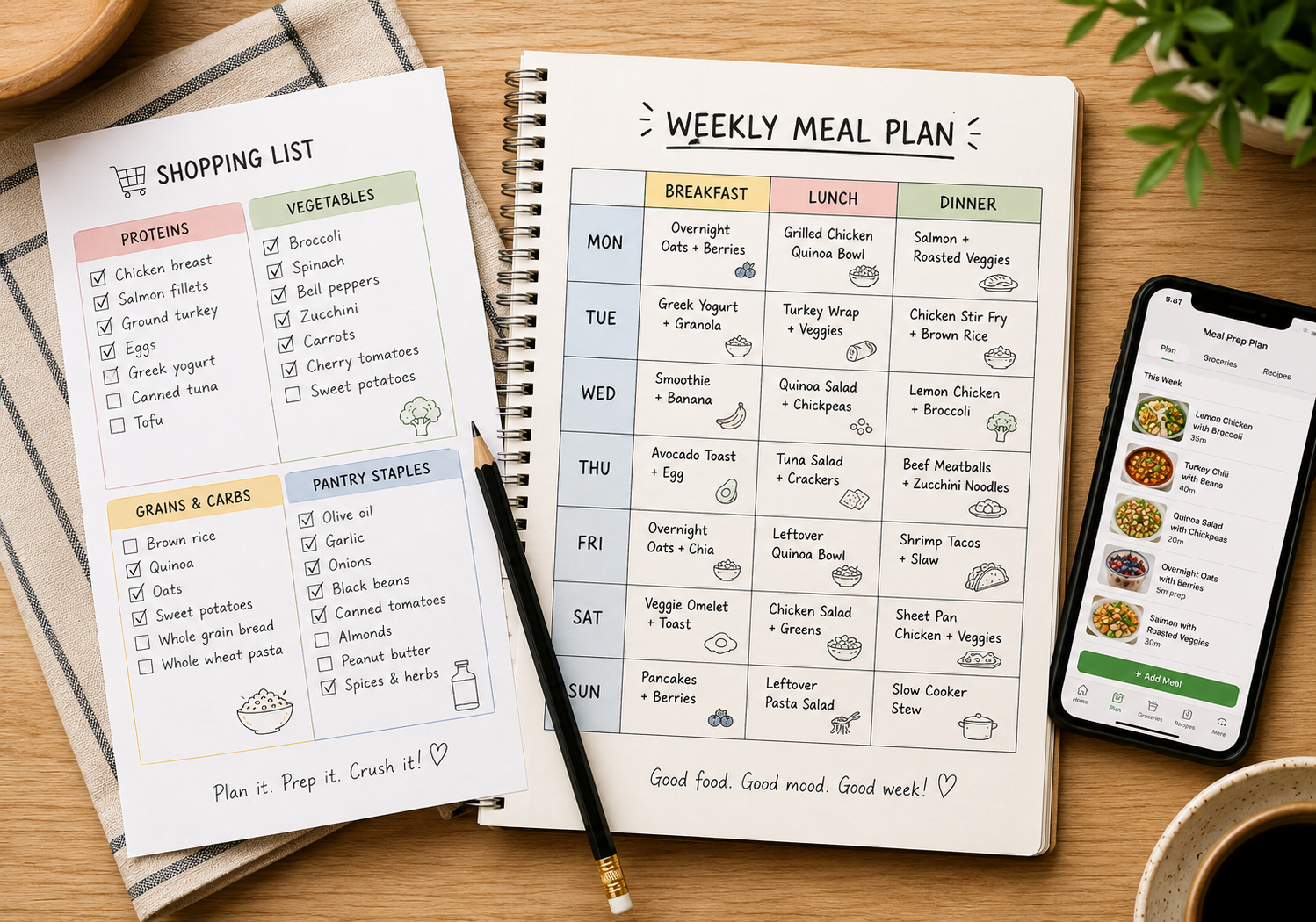 Printed meal prep shopping list and weekly planner template with a pen, showing organized categories for proteins, vegetables, grains, and pantry items.