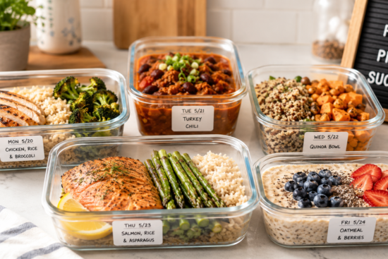 Five glass meal prep containers arranged on a kitchen counter, each filled with a different balanced meal including lean protein, vegetables, and whole grains, labeled with weekly prep dates. meal prep for weight loss.
