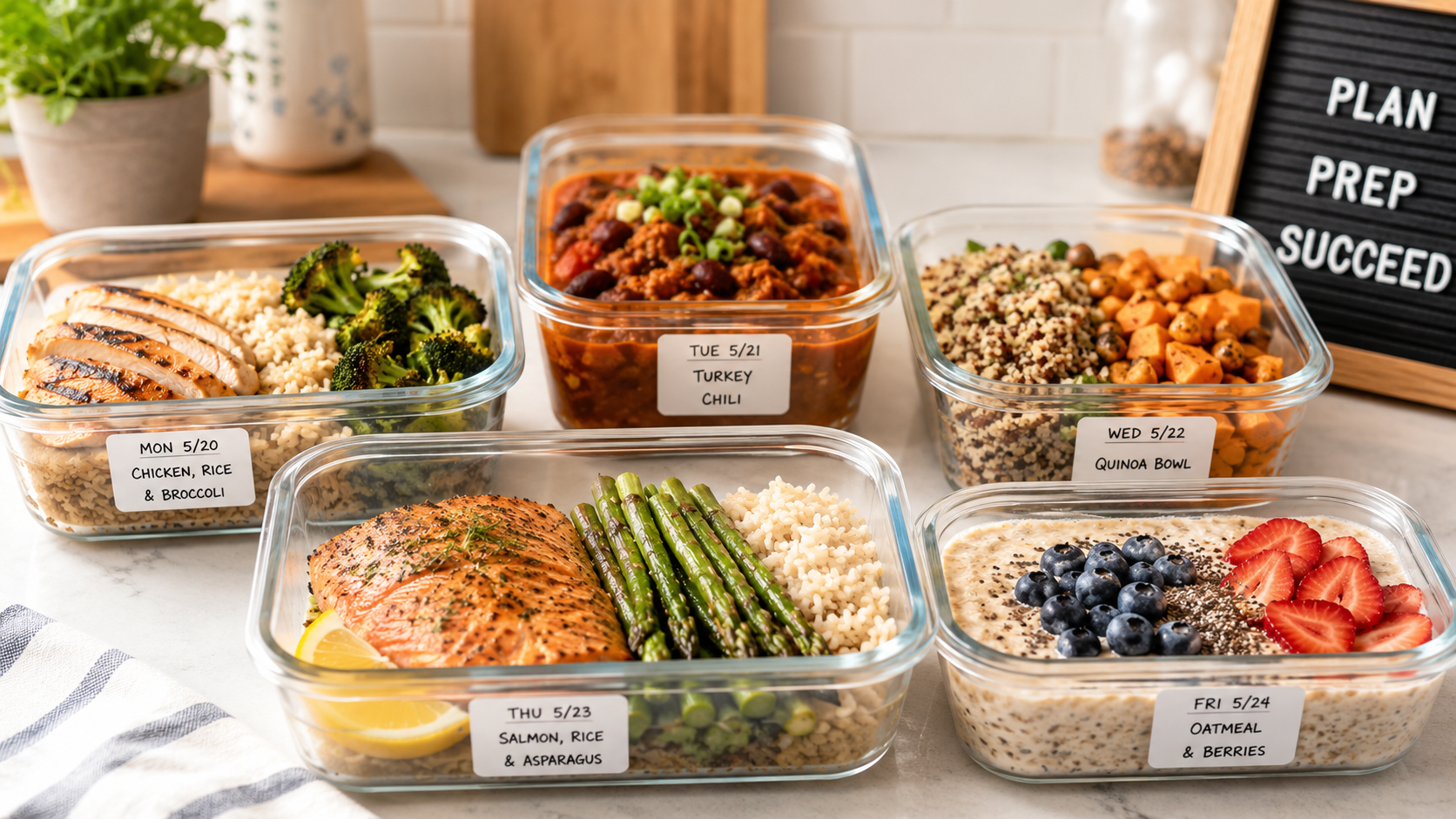 Five glass meal prep containers arranged on a kitchen counter, each filled with a different balanced meal including lean protein, vegetables, and whole grains, labeled with weekly prep dates. meal prep for weight loss.