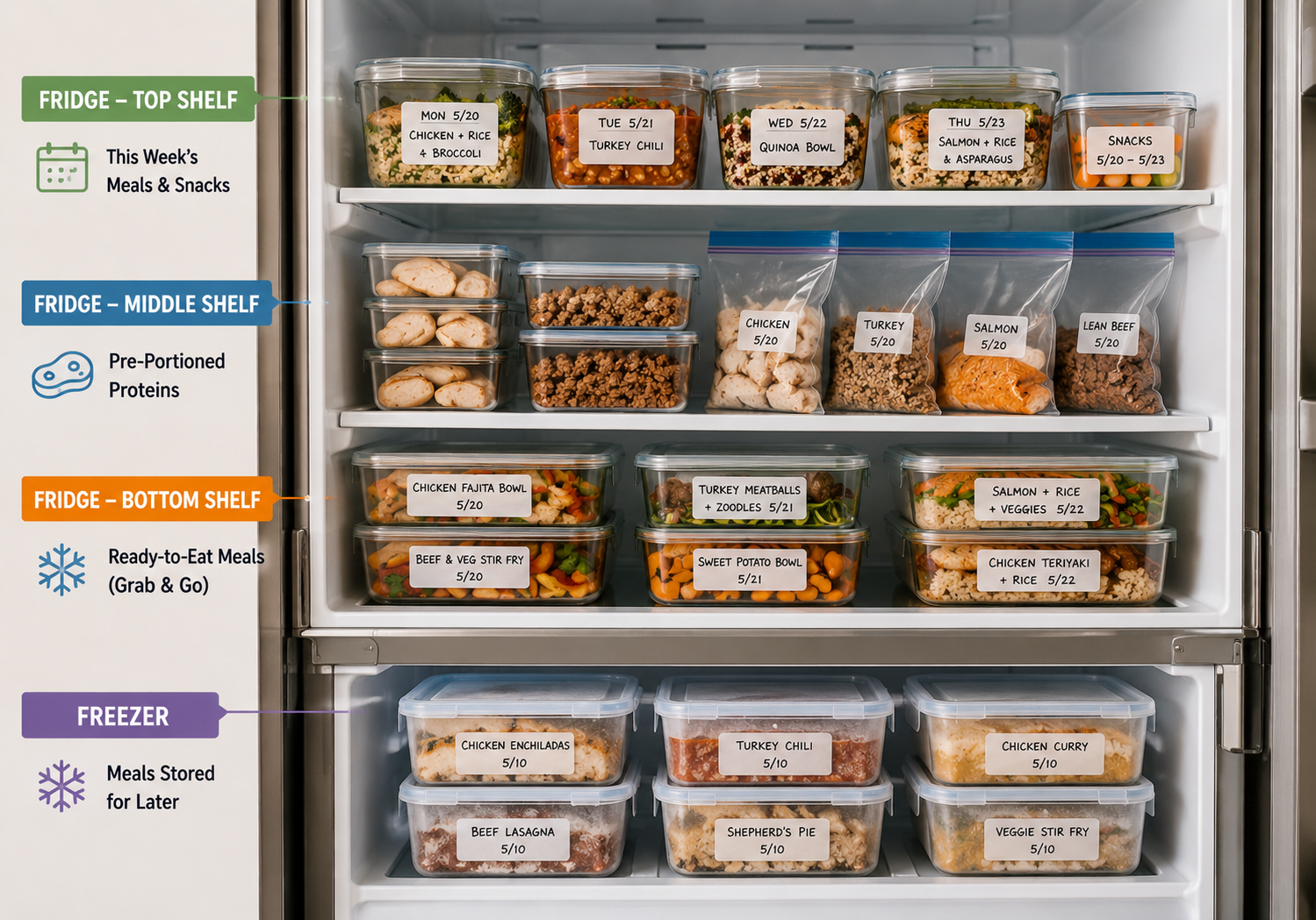 Organized refrigerator with meal prep containers labeled by date and meal name, stored on clear shelves and ready for the week ahead.