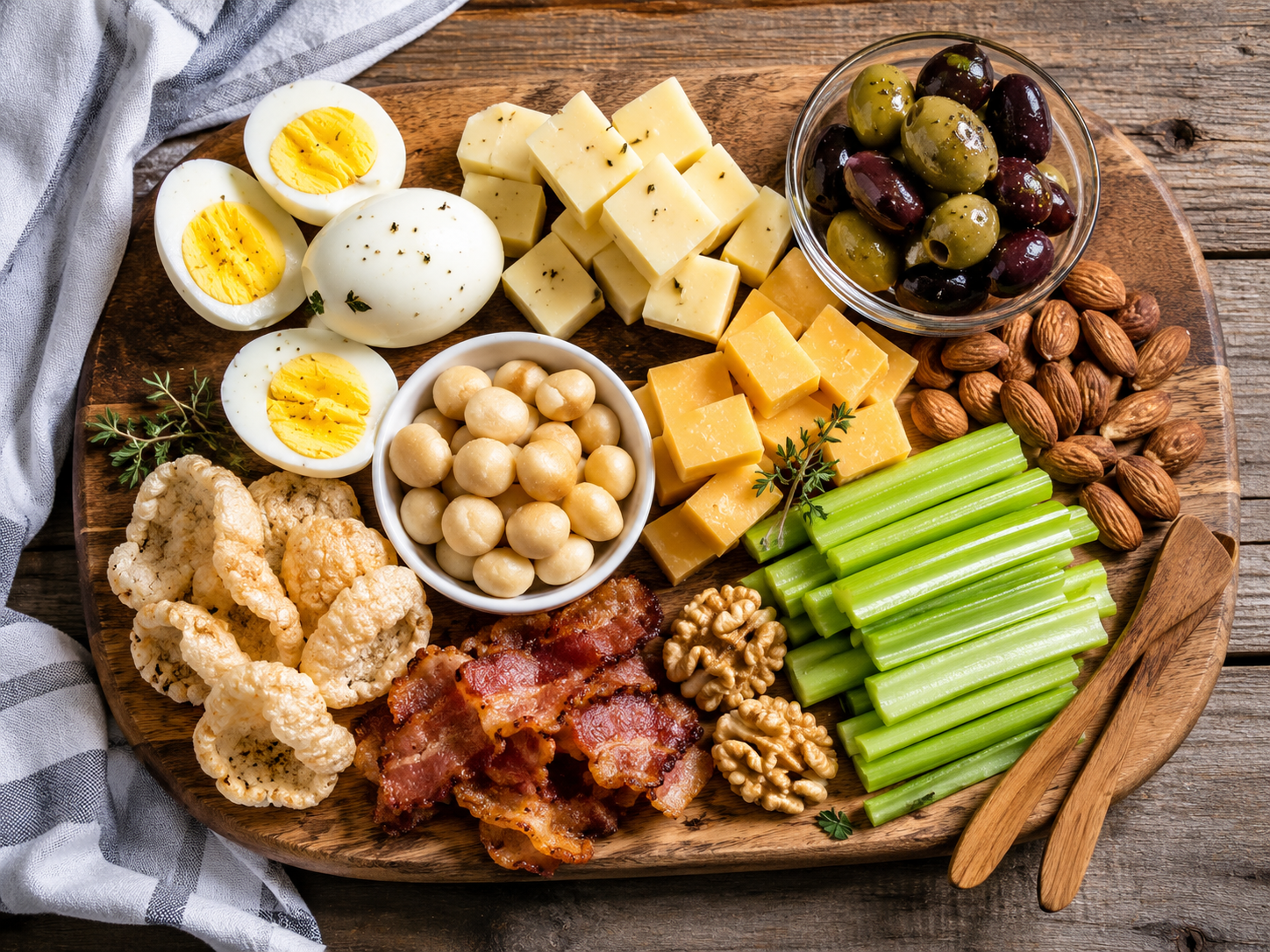 Low carb snack board with variety: hard-boiled eggs halved, cheese cubes, olives, almonds, celery sticks, macadamia nuts, pork rinds, arranged on wooden board with small glass bowls, healthy snacking options for weight loss