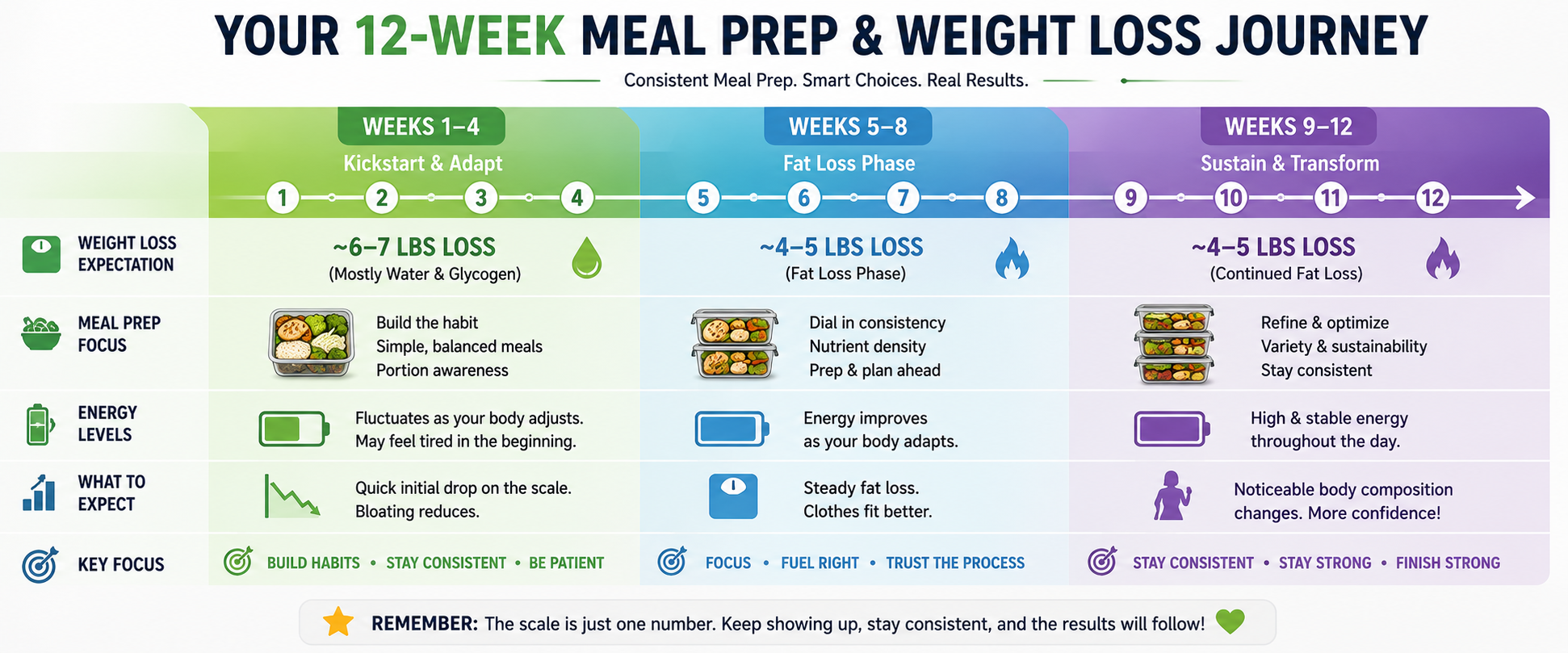 12-week weight loss timeline showing realistic fat loss progression from consistent meal prepping: initial 6–7 lbs loss (water weight) followed by 1–2 lbs per week of fat loss.