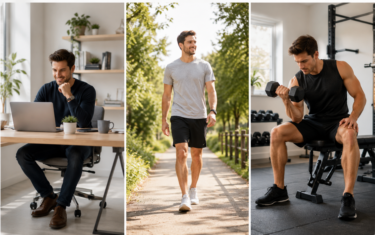 Three activity levels used when calculating your TDEE for a calorie deficit — sedentary desk worker, person walking, and person exercising with dumbbells