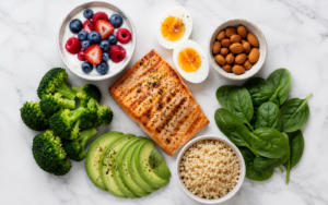 Flat lay of the best foods to eat in a calorie deficit including salmon, eggs, Greek yogurt, almonds, broccoli, avocado, brown rice, and spinach