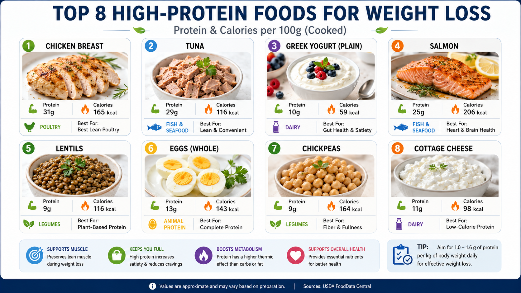 Comparison grid of top high-protein foods for weight loss including chicken breast, salmon, eggs, Greek yogurt, cottage cheese, legumes, and tofu, showing protein grams and calories per serving.