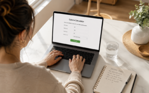 Calculating TDEE and BMR to find your calorie deficit Person calculating their Total Daily Energy Expenditure (TDEE) and Basal Metabolic Rate (BMR) on a laptop to determine their calorie deficit for weight loss