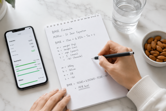 Calculating your deficit step by step — a person writing a BMR formula on a notepad next to a calorie tracking app and healthy snack