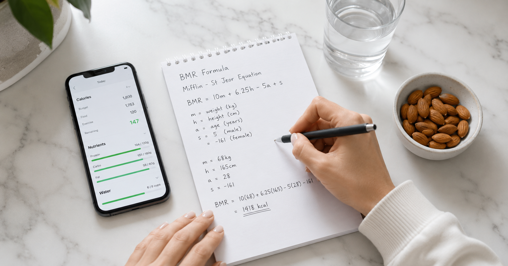 Calculating your deficit step by step — a person writing a BMR formula on a notepad next to a calorie tracking app and healthy snack