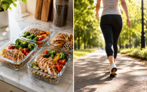 Split image showing two ways how calorie deficits work — healthy meal prep containers on the left and a person walking for exercise on the right