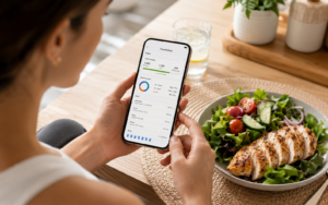 Person carefully tracking calorie intake on a food diary app to troubleshoot why their calorie deficit is not producing weight loss results