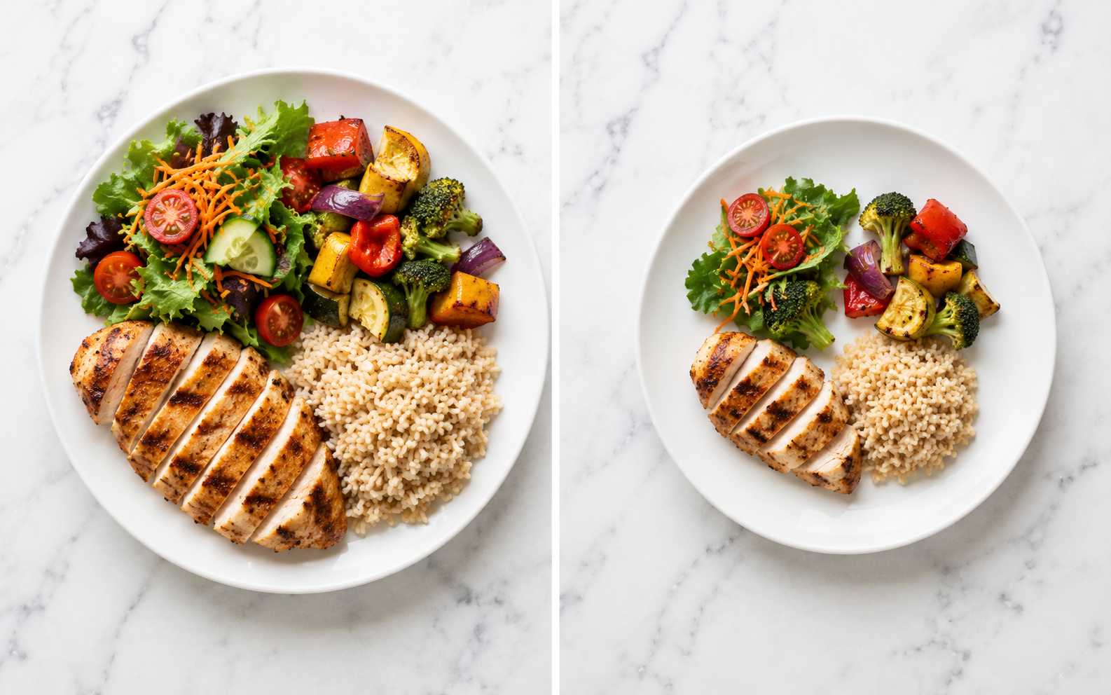 Two plates showing full vs restricted food portions — illustrating why maintaining nutrition becomes harder in a calorie deficit