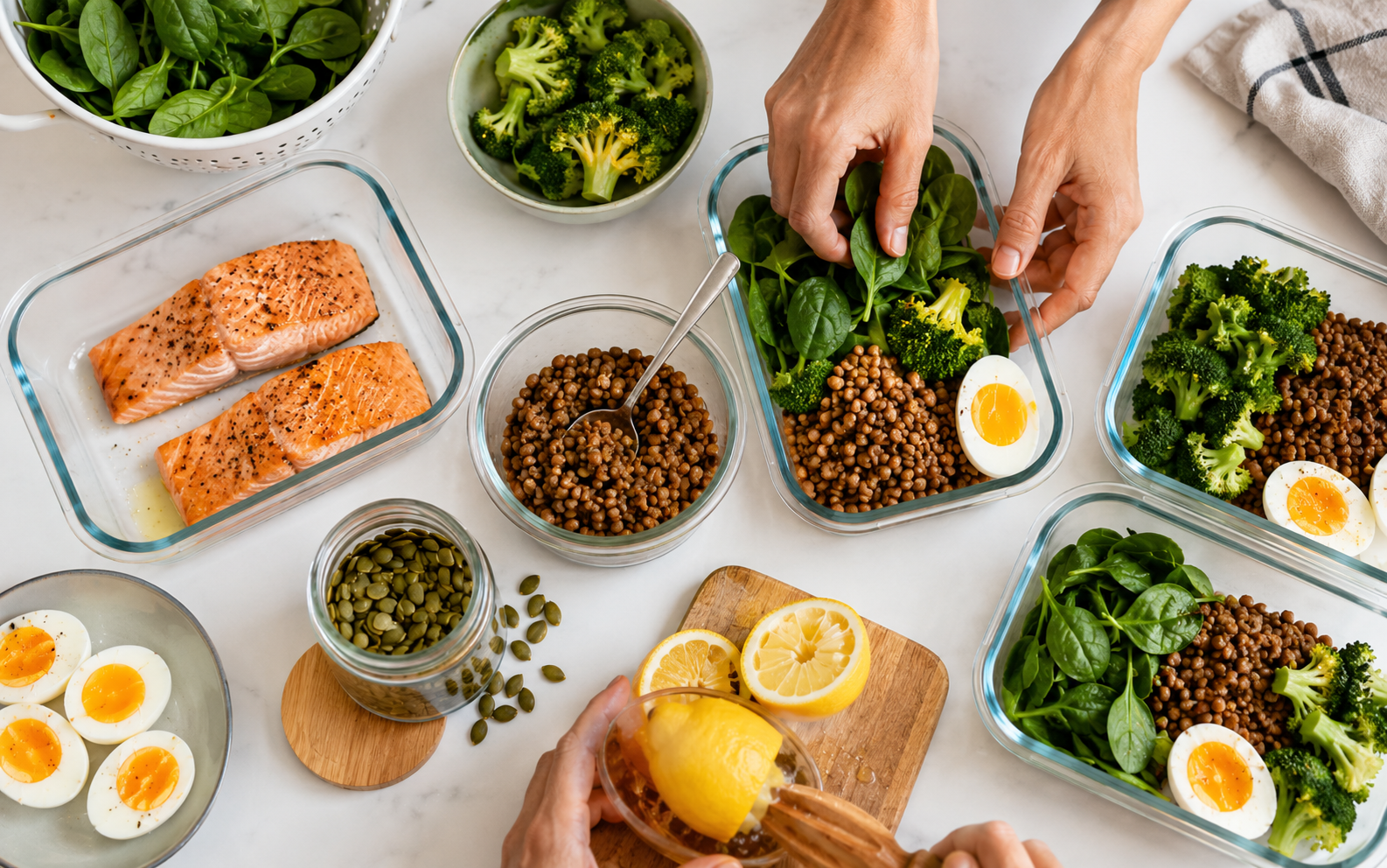 Colourful meal prep scene with spinach, salmon, lentils, and eggs being prepped into glass containers — demonstrating daily habits for maintaining nutrition in a calorie deficit