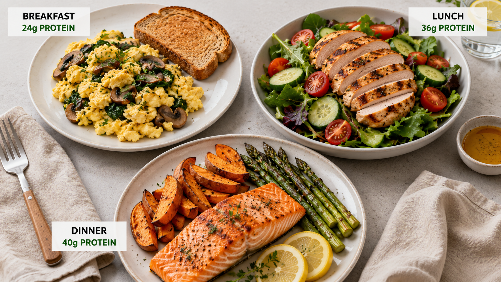 Photo examples of three balanced, high-protein meals: breakfast egg scramble with vegetables and toast, grilled chicken salad with greens and vegetables, and baked salmon with sweet potato and asparagus.Photo examples of three balanced, high-protein meals: breakfast egg scramble with vegetables and toast, grilled chicken salad with greens and vegetables, and baked salmon with sweet potato and asparagus.
