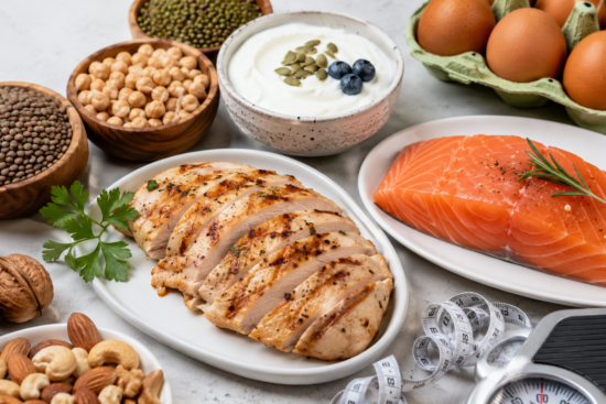 Colorful arrangement of high protein diet for weight loss including grilled chicken breast, salmon, eggs, Greek yogurt, and legumes on a clean white background with a measuring tape and weight scale.