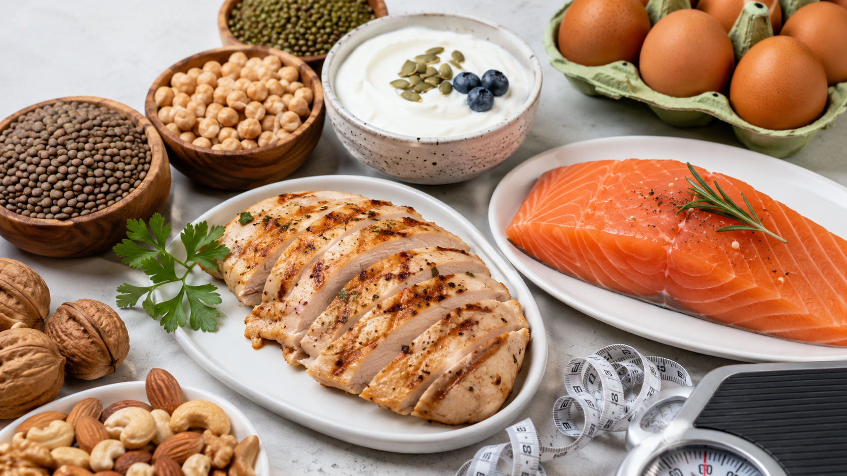 Colorful arrangement of high protein diet for weight loss including grilled chicken breast, salmon, eggs, Greek yogurt, and legumes on a clean white background with a measuring tape and weight scale.