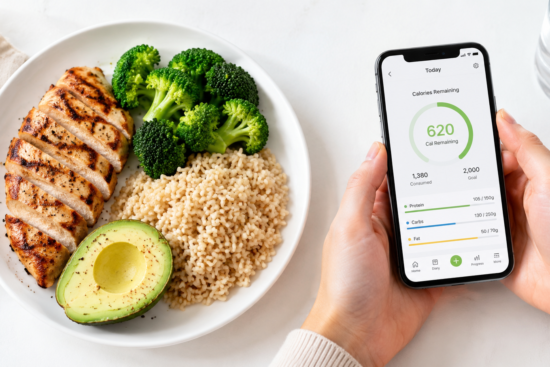 How calorie deficits work — a portioned healthy meal next to a calorie tracking app showing a daily deficit for weight loss