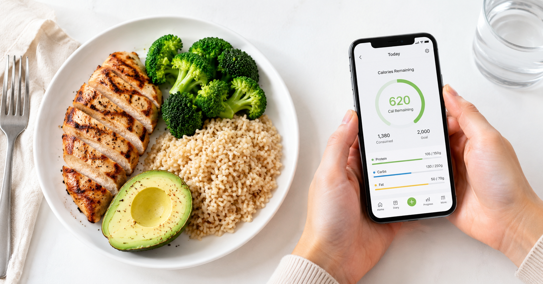 How calorie deficits work — a portioned healthy meal next to a calorie tracking app showing a daily deficit for weight loss