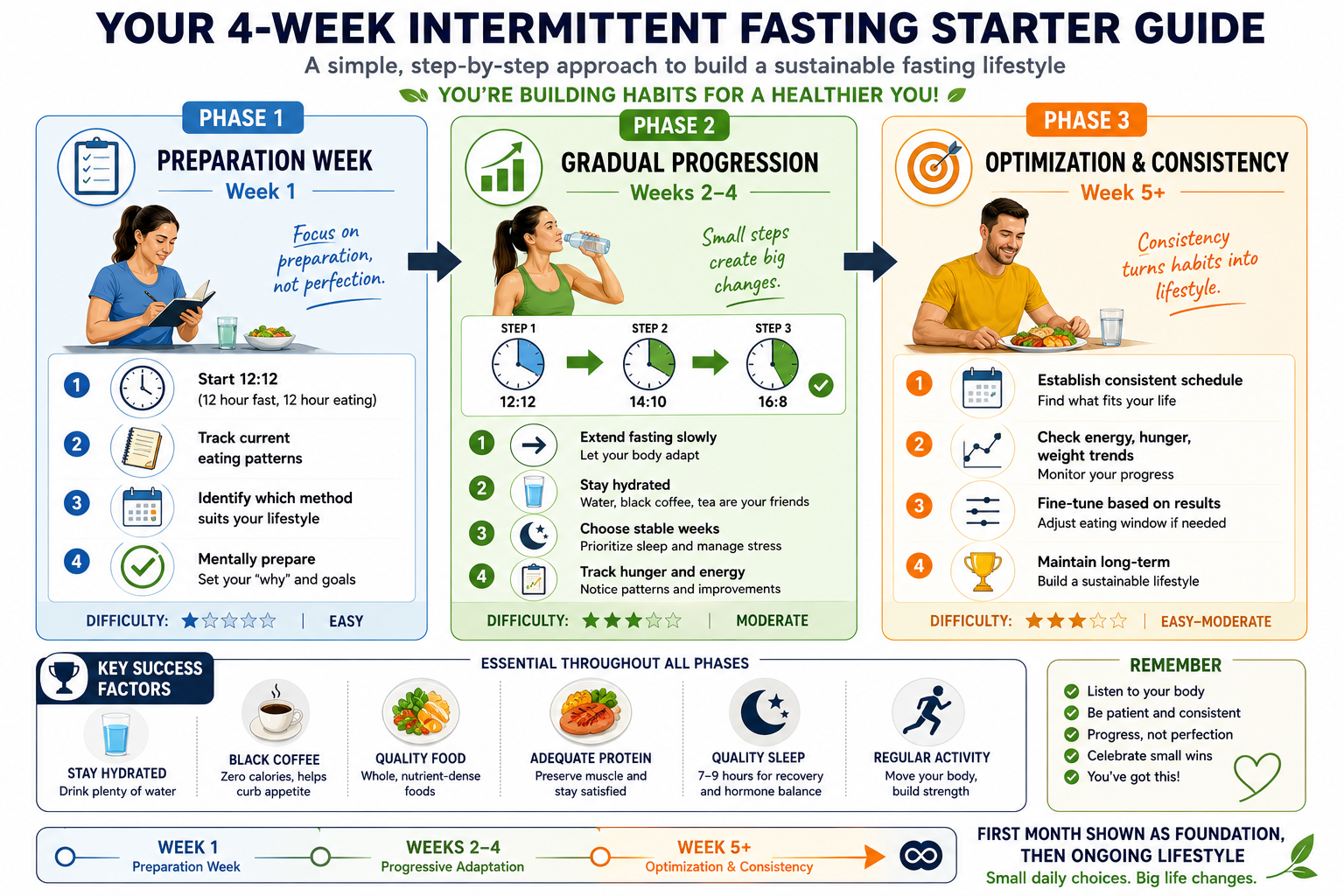 Step-by-step beginner's guide for starting intermittent fasting with 3 phases: Phase 1 (Week 1) preparation starting 12:12 fast, Phase 2 (Weeks 2-4) gradual progression from 12:12 to 16:8, Phase 3 (Week 5+) optimization and consistency with success factors including hydration, quality nutrition, protein, sleep, and exercise
