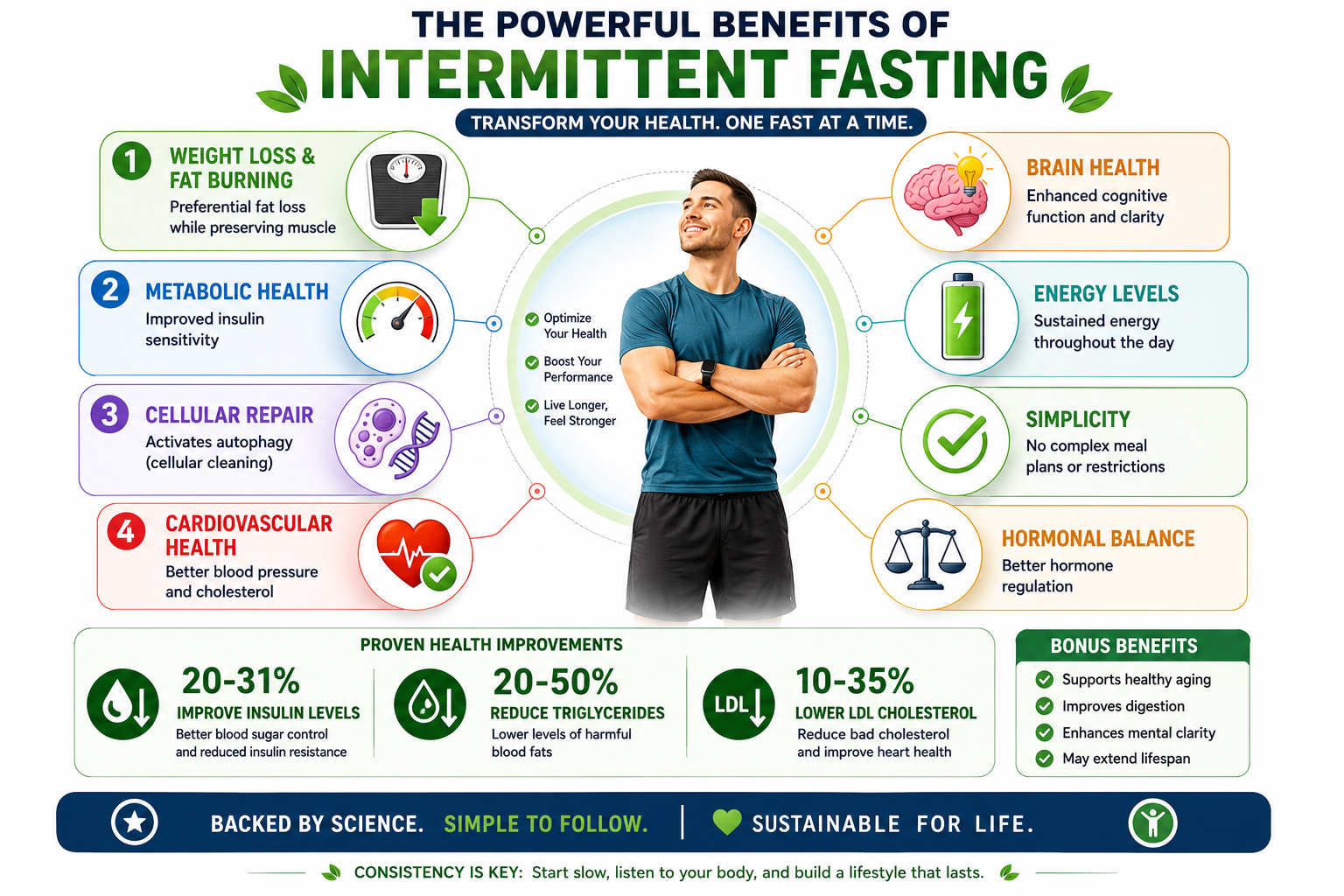 Intermittent fasting benefits infographic showing 8 key advantages: weight loss through fat burning, improved insulin sensitivity, cellular repair via autophagy, better blood pressure and cholesterol, enhanced cognitive function, sustained energy, simplicity with no food restrictions, and hormonal balance
