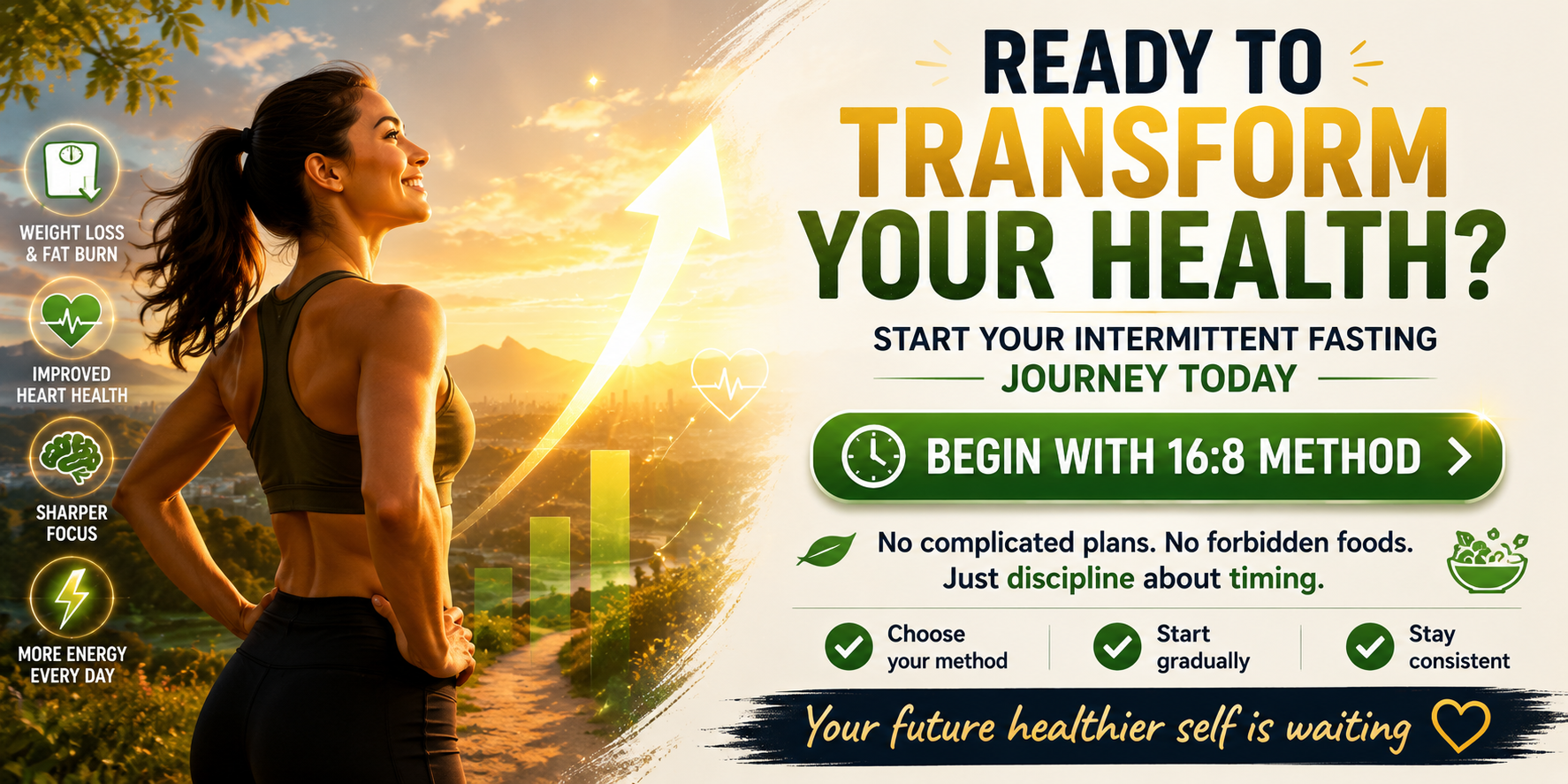 Call-to-action motivational banner for intermittent fasting showing energetic, healthy person with text 'Ready to Transform Your Health? Start Your Intermittent Fasting Journey Today' with 'Begin With 16:8 Method' button and message 'Your future healthier self is waiting