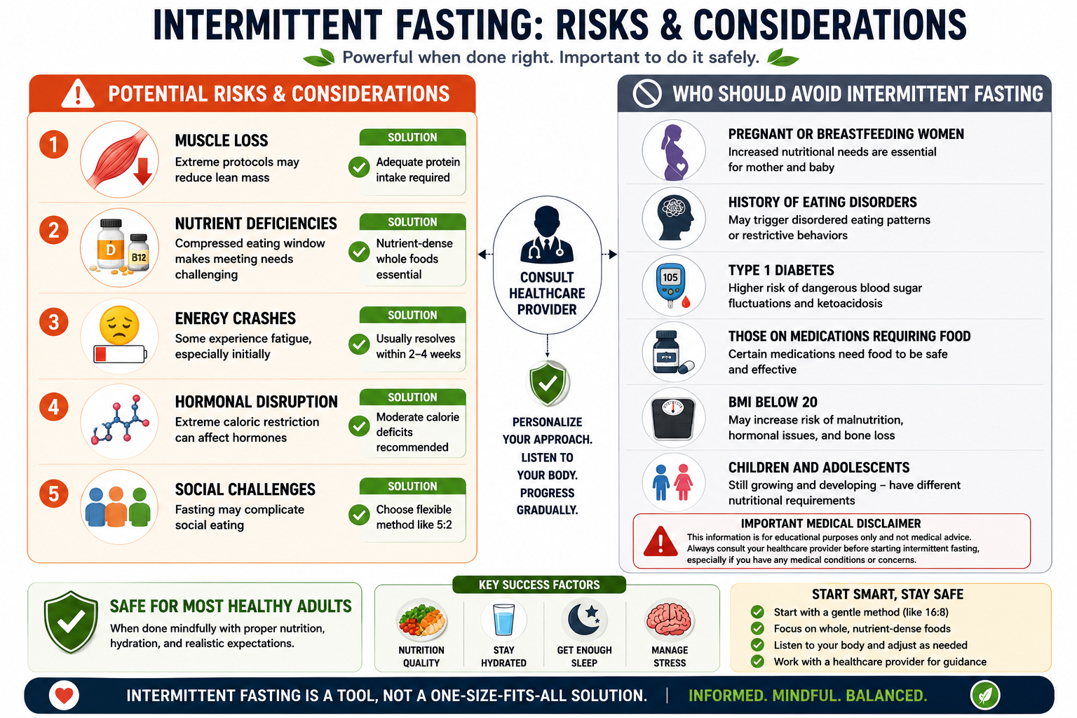 Intermittent fasting risks and considerations infographic showing 5 potential risks (muscle loss, nutrient deficiencies, energy crashes, hormonal disruption, social challenges) and list of who should avoid (pregnant women, eating disorder history, type 1 diabetes, certain medications, underweight, children) with medical disclaimer