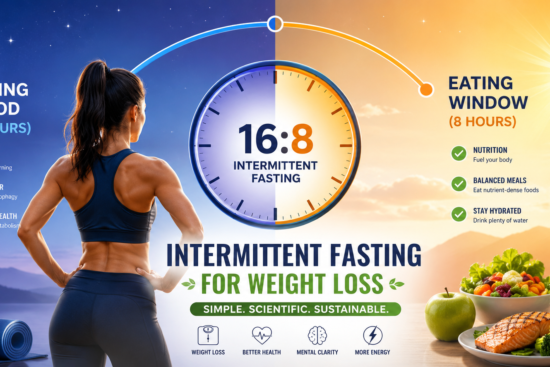 Intermittent Fasting for Weight loss 16:8 schedule visualization showing 16-hour fasting period (blue night theme) and 8-hour eating window (warm day theme) with a clock splitting the timeline