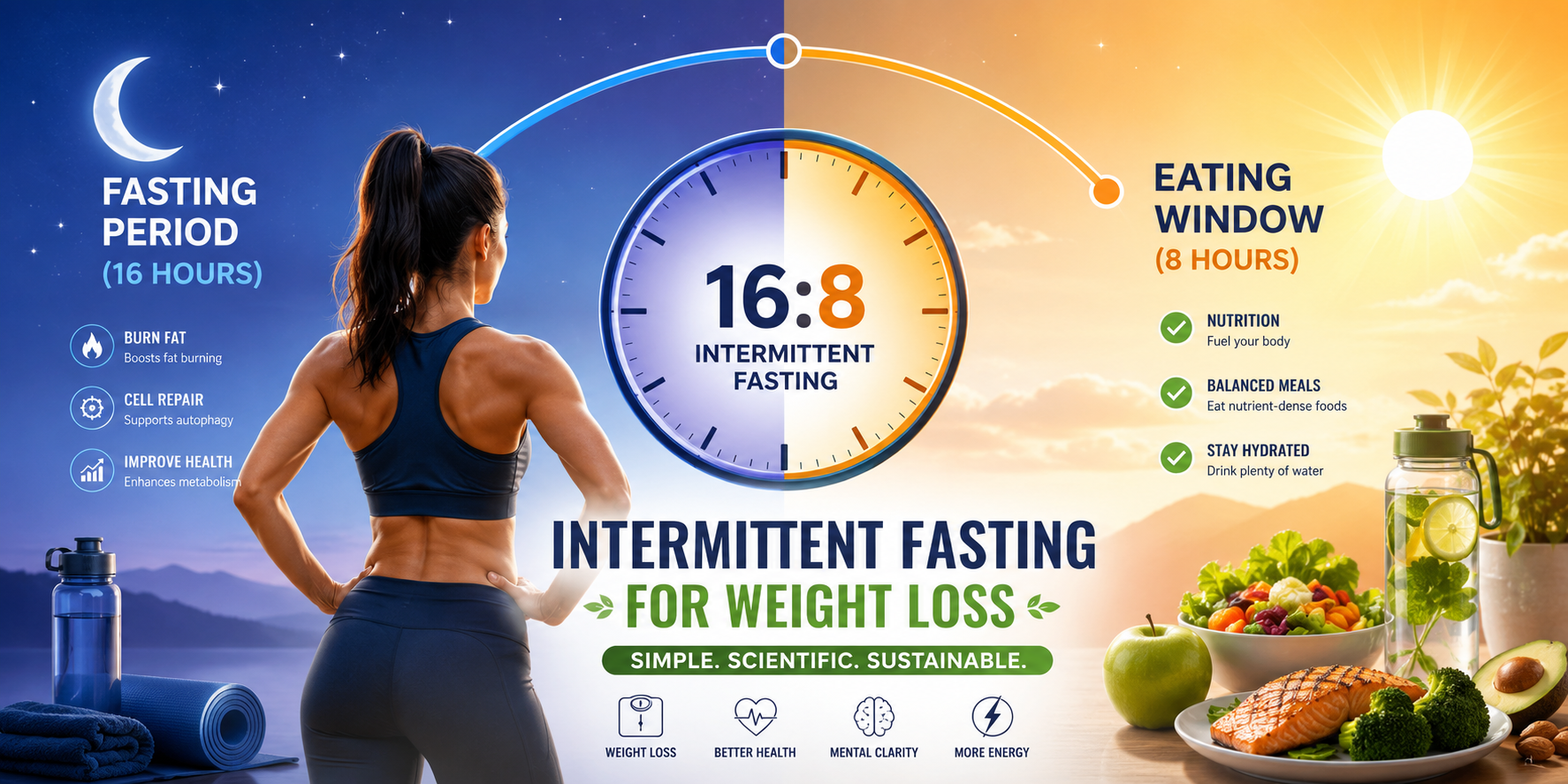 Intermittent Fasting for Weight loss 16:8 schedule visualization showing 16-hour fasting period (blue night theme) and 8-hour eating window (warm day theme) with a clock splitting the timeline