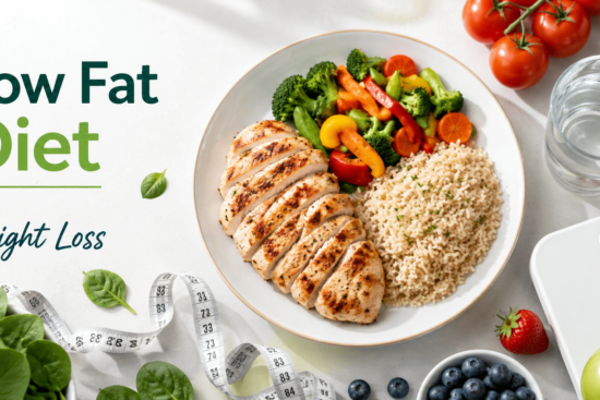 Healthy low fat diet foods including chicken breast, fresh vegetables, whole grains, and measuring tools for weight loss tracking