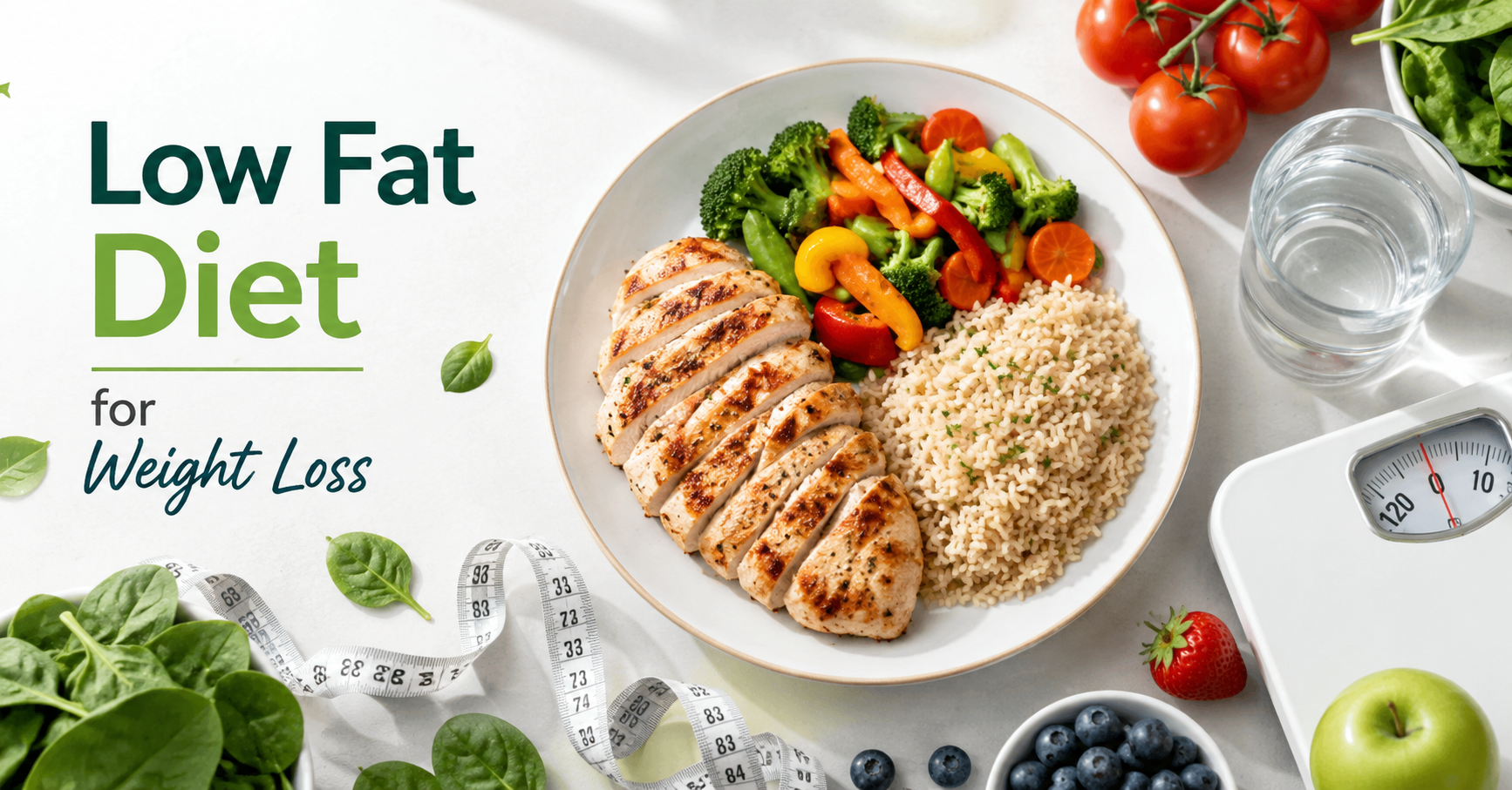 Healthy low fat diet foods including chicken breast, fresh vegetables, whole grains, and measuring tools for weight loss tracking