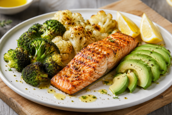 Low carb diet for weight loss scene: fresh salmon filet with roasted broccoli and cauliflower, avocado slices, olive oil drizzle on white plate, healthy fats and proteins for ketogenic diet, wooden table background