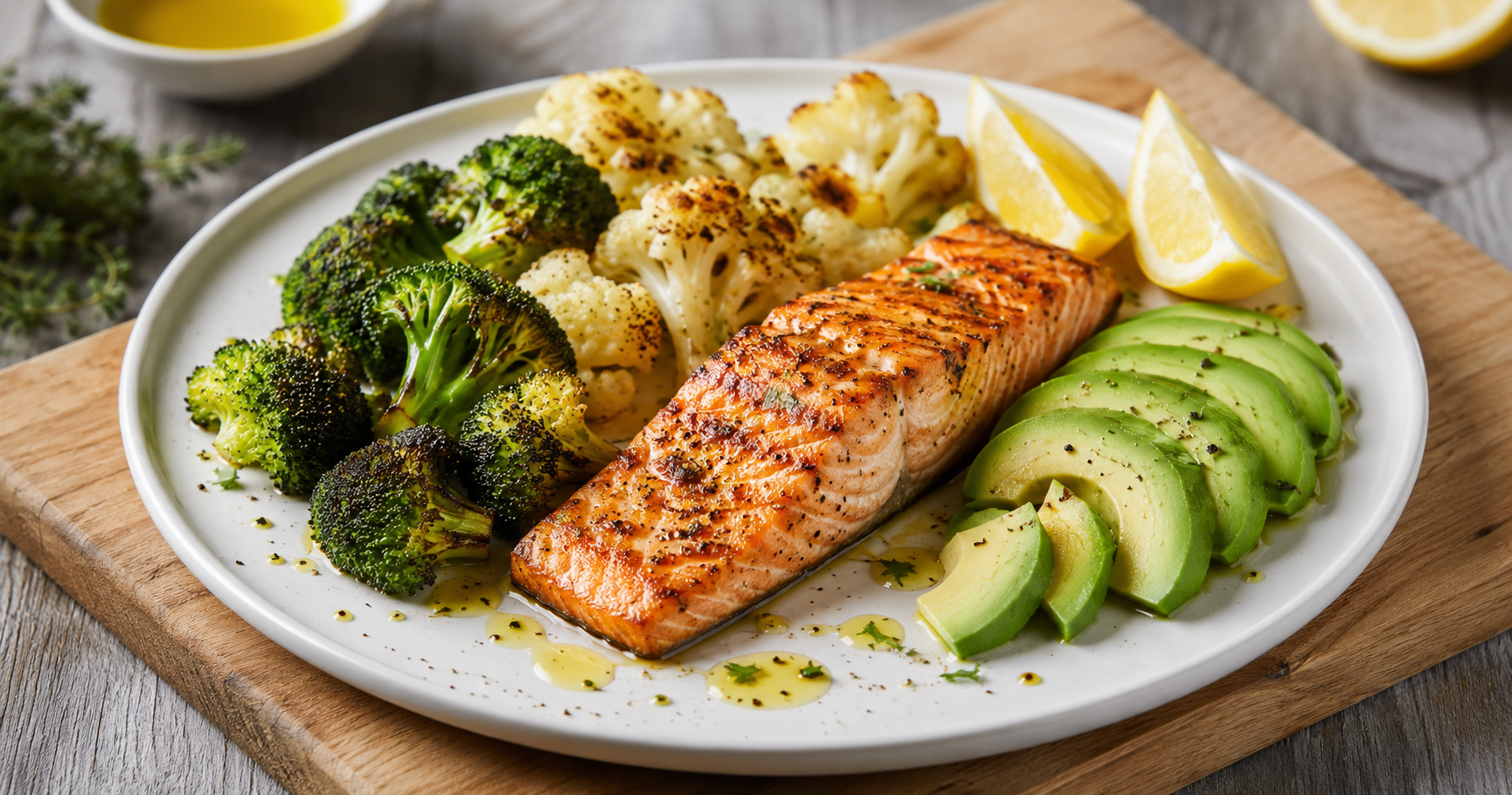 Low carb diet for weight loss scene: fresh salmon filet with roasted broccoli and cauliflower, avocado slices, olive oil drizzle on white plate, healthy fats and proteins for ketogenic diet, wooden table background