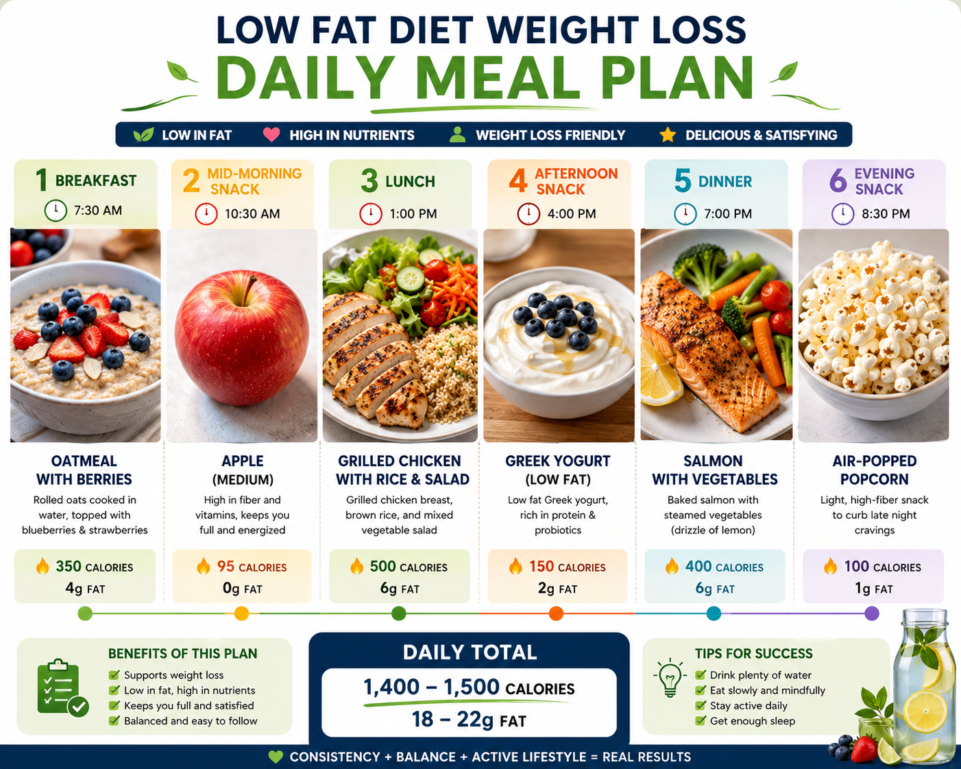 Visual daily meal plan for low fat diet weight loss showing breakfast, lunch, dinner, and snacks with portion sizes and calorie counts