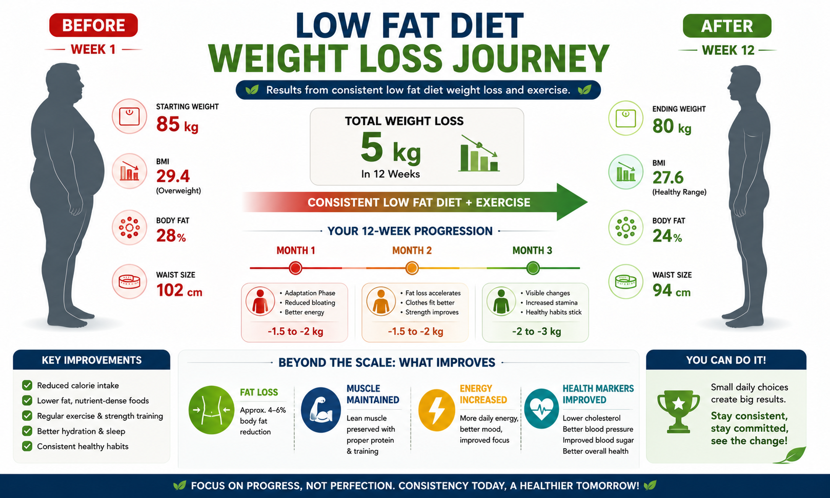 Before and after comparison showing typical results from low fat diet for weight loss over 3 months with body composition changes