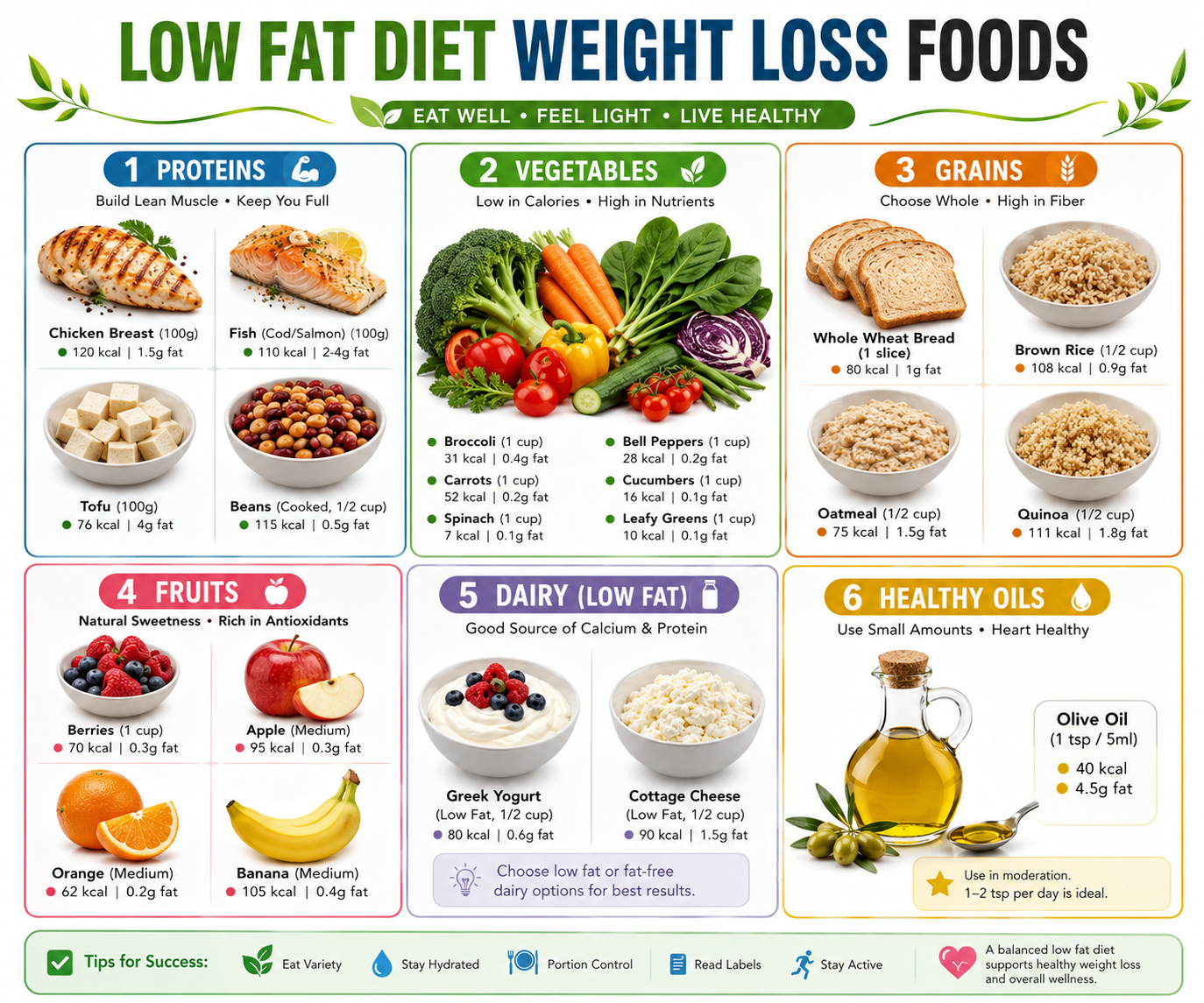 Comprehensive low fat diet food list organized by protein sources (chicken, fish, legumes), vegetables, grains, fruits, and dairy options for weight loss