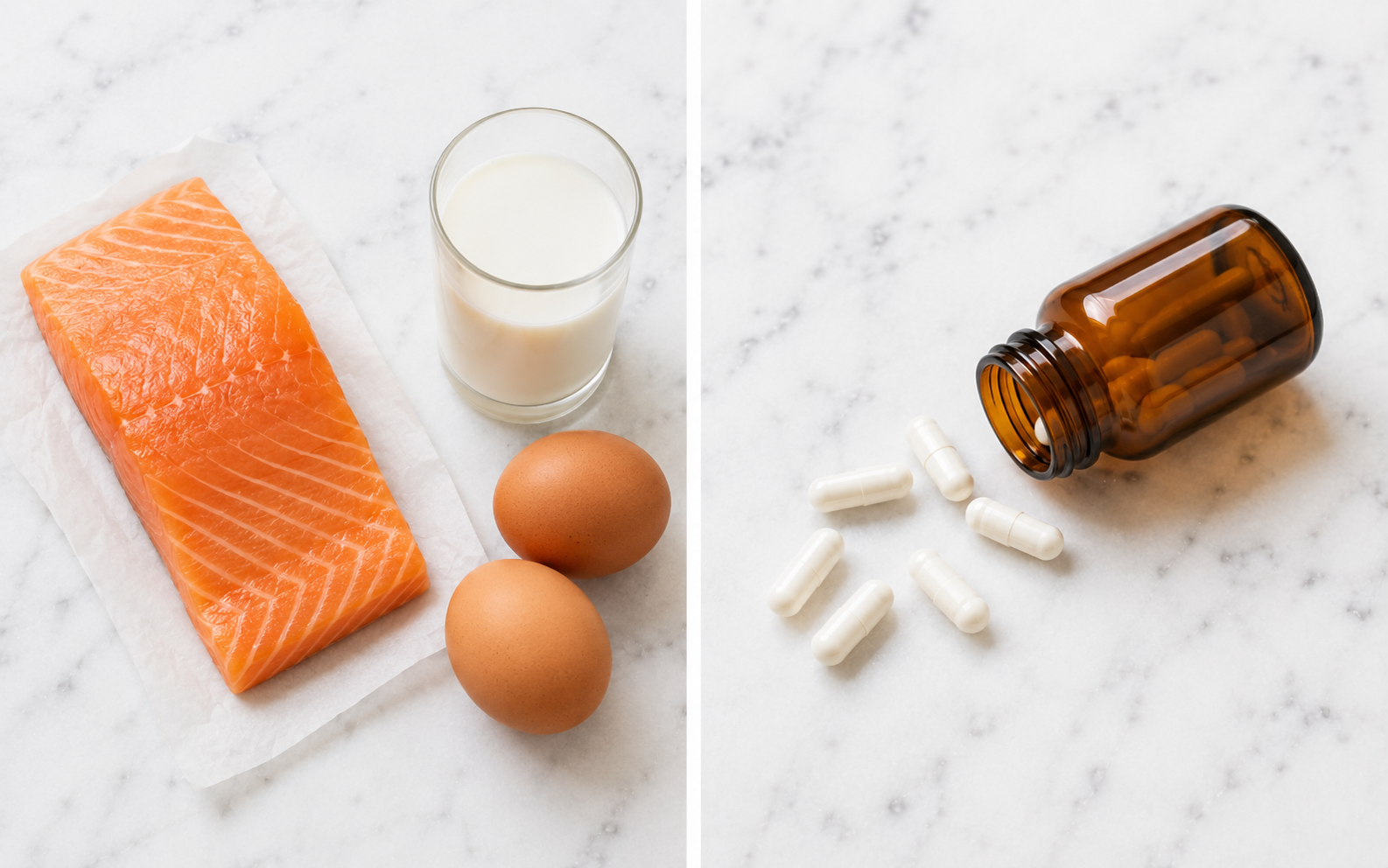 Salmon, eggs, and fortified milk on one side and supplement capsules on the other — representing the food-first approach to maintaining nutrition with supplements as backup