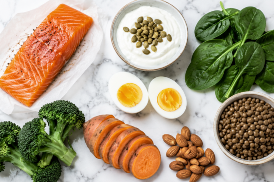 Maintaining nutrition while dieting — overhead flat lay of nutrient-dense foods including salmon, eggs, Greek yogurt, spinach, lentils, broccoli, sweet potato, and almonds