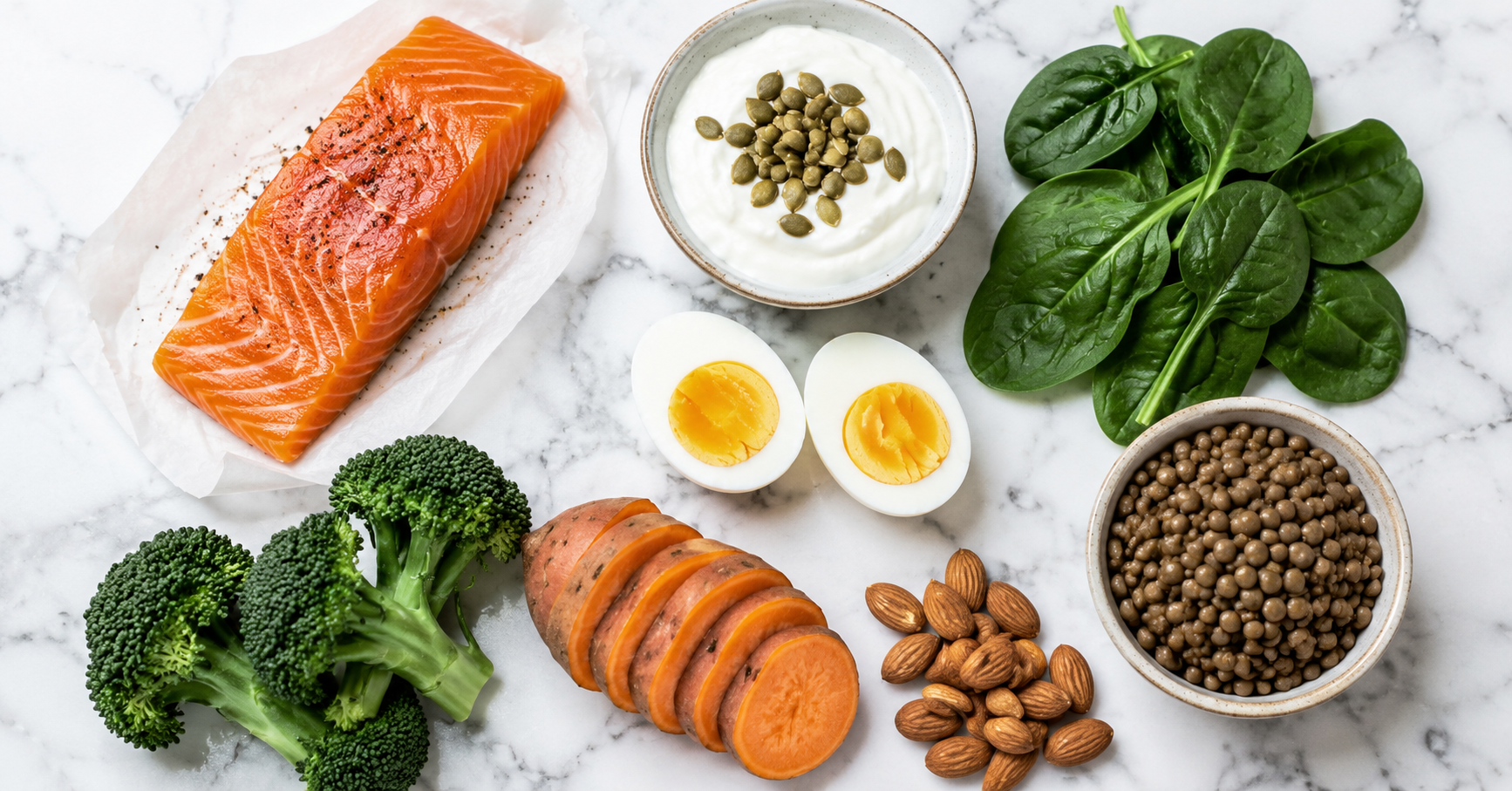 Maintaining nutrition while dieting — overhead flat lay of nutrient-dense foods including salmon, eggs, Greek yogurt, spinach, lentils, broccoli, sweet potato, and almonds