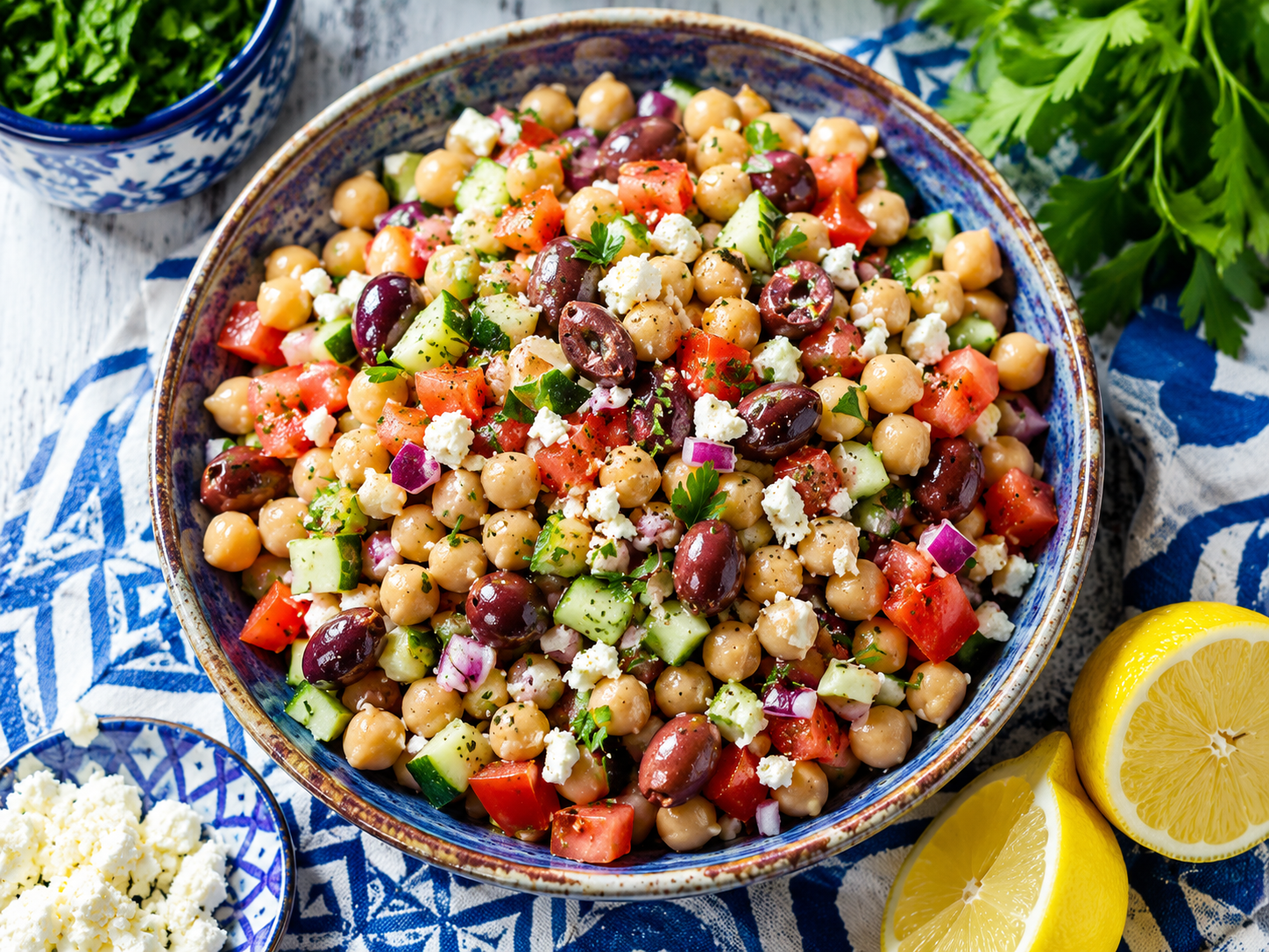 Mediterranean chickpea salad with cucumber, tomatoes, kalamata olives, and feta cheese - easy no-cook weight loss recipe for Mediterranean diet lunch