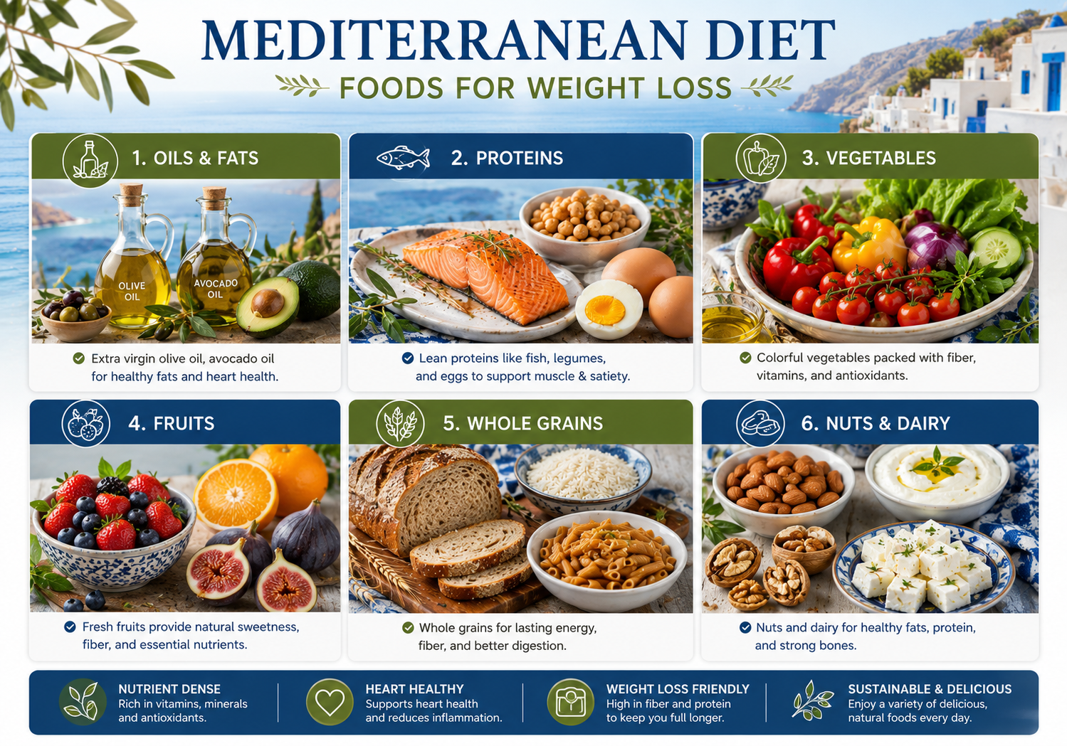 Complete Mediterranean diet foods list for weight loss showing six categories: oils and fats, proteins, vegetables, fruits, whole grains, and nuts and dairy with visual examples of each