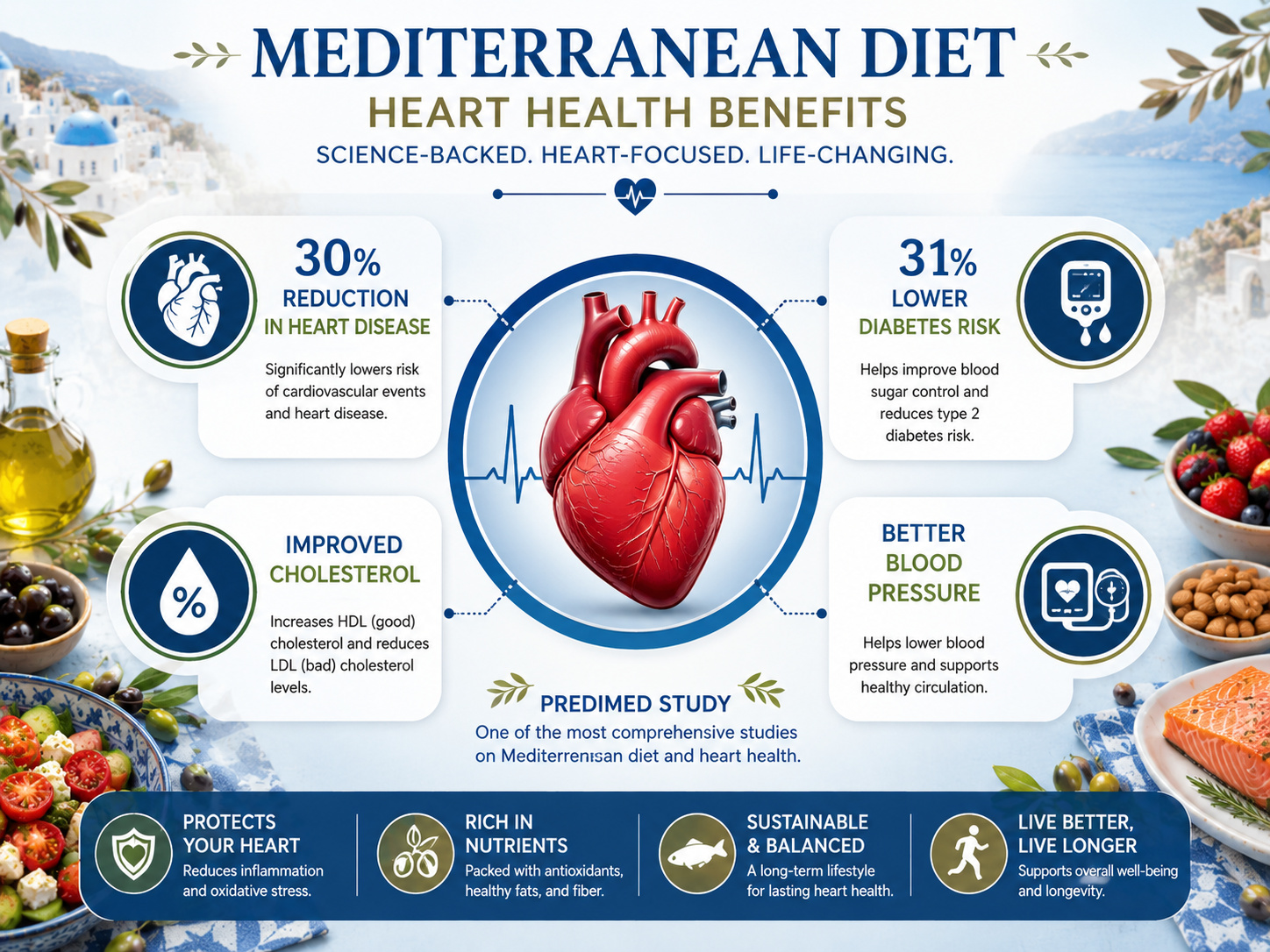 Mediterranean diet heart health benefits infographic showing 30% reduction in cardiovascular disease, 31% lower diabetes risk, improved cholesterol levels, and better blood pressure from PREDIMED study
